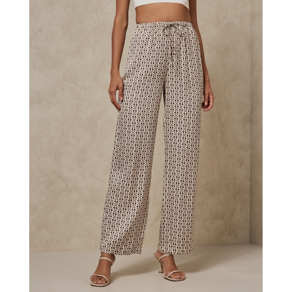 AERE Wide Leg High Rise Relaxed Fit Geometric Print Pants Sz 10‎ Drawstring